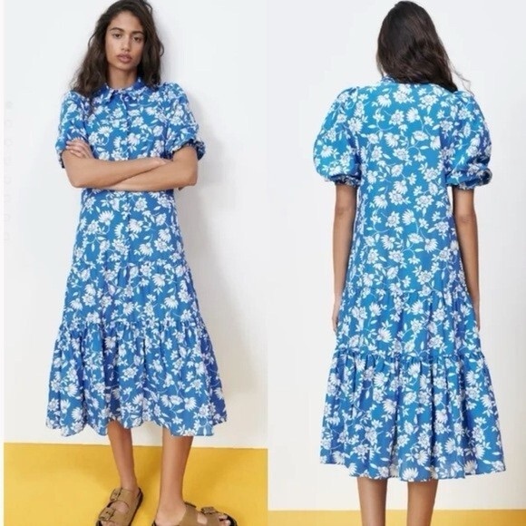 Zara Blue Floral Drop Waist Midi Shirt Dress Summer Dress - Size Medium - Picture 5 of 9
